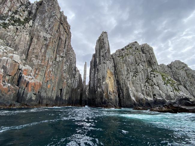 A view of the spectacular Cape Hauy’s sea cliffs, taken while on one of the Pennicott Wilderness Journeys cruises, on day three of the Life's an Adventure Three Capes Walk. Picture: Philip Young