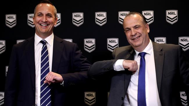 NRL CEO Andrew Abdo with ARLC chairman Peter V'landys at League Central in Sydney. Picture: Phil Hillyard