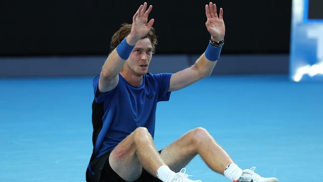 Andrey Rublev apologises for his match-winning shot. Picture: Getty Images