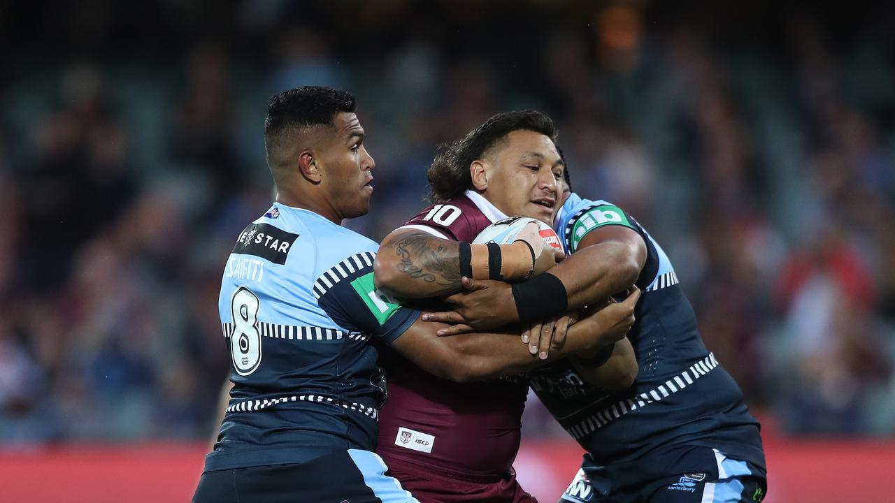 Josh Papalii on the charge for Queensland against NSW in the State of Origin series opener at Adelaide Oval. Picture: Brett Costello