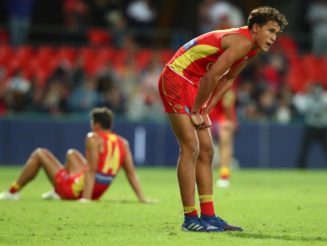 Wil Powell of the Suns looks on after losing the round eight AFL match between the Gold Coast Suns and the Melbourne Demons at Metricon Stadium on May 11, 2019 in Gold Coast, Australia. (Photo by Chris Hyde/Getty Images)