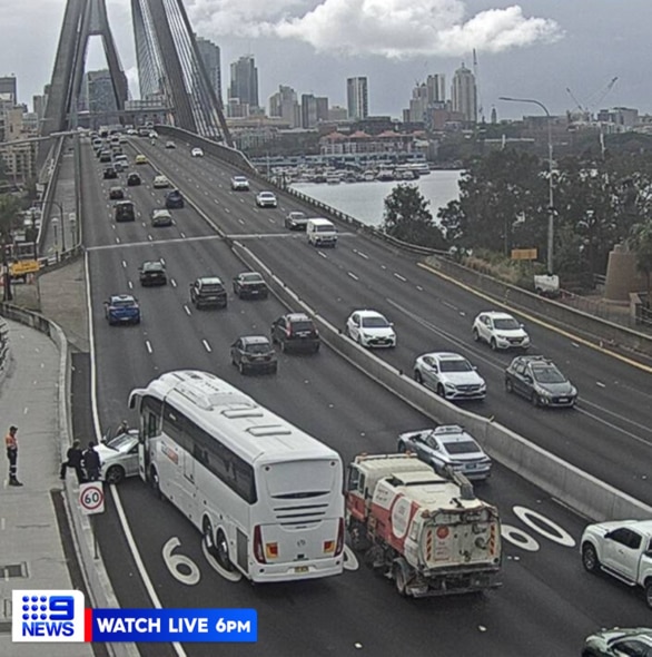 Traffic was reportedly backed up for several kilometres approaching the Anzac Bridge. Picture: 9 News