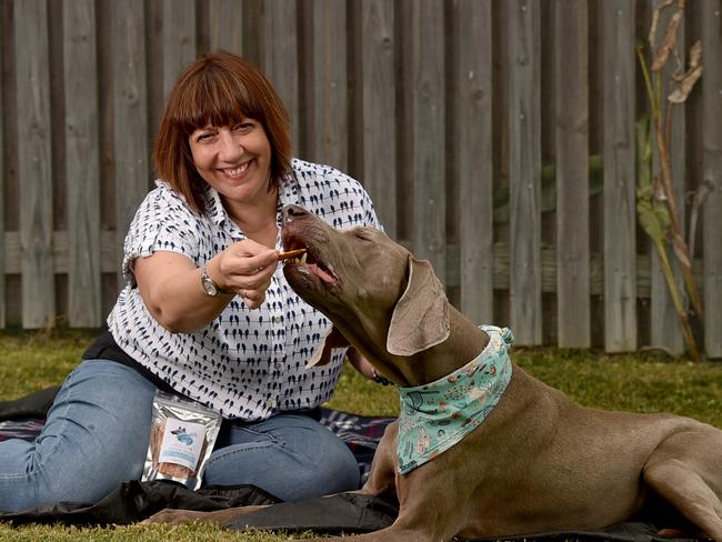 Sue Evans-Lane with her Weimaraner Aaron and the healthy dogs treats named after him. Picture: Evan Morgan