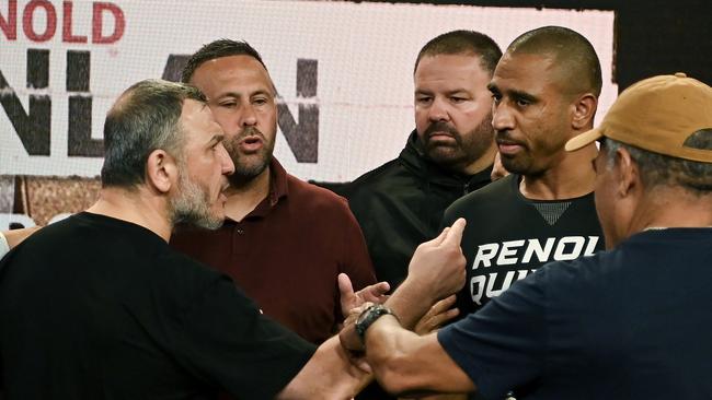 Tempers flare at the weigh-in for Bilal Akkawy and Renold Quinlan. Picture: No Limit Boxing