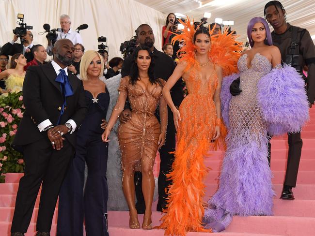 Corey Gamble, Kris Jenner, Kanye West, Kim Kardashian West, Kendall Jenner, Kylie Jenner and Travis Scott at the 2019 Met Gala. Picture: AFP