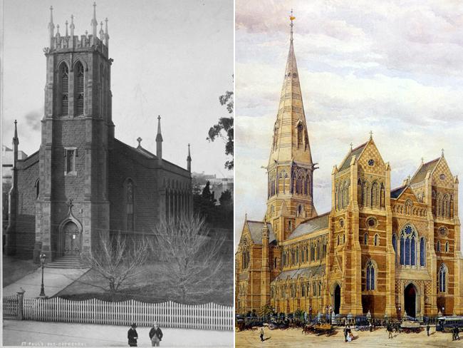 Left, the original bluestone church on the St Pauls site and, right, an early plan for the new cathedral.