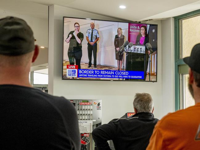 Patrons at Tweed Heads & Coolangatta Surf Life Saving Club listening to Queensland Premier Annastacia Palaszczuk making announcements about the QLD/NSW border and new relaxed COVID-19 restrictions.  Picture: Jerad Williams