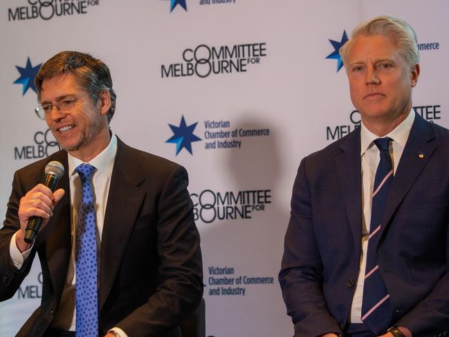 Lord Mayor Nick Reece (left) and Arron Wood at the VCCI lord mayoral breakfast forum at Crown. Pic: Jessica Hooper