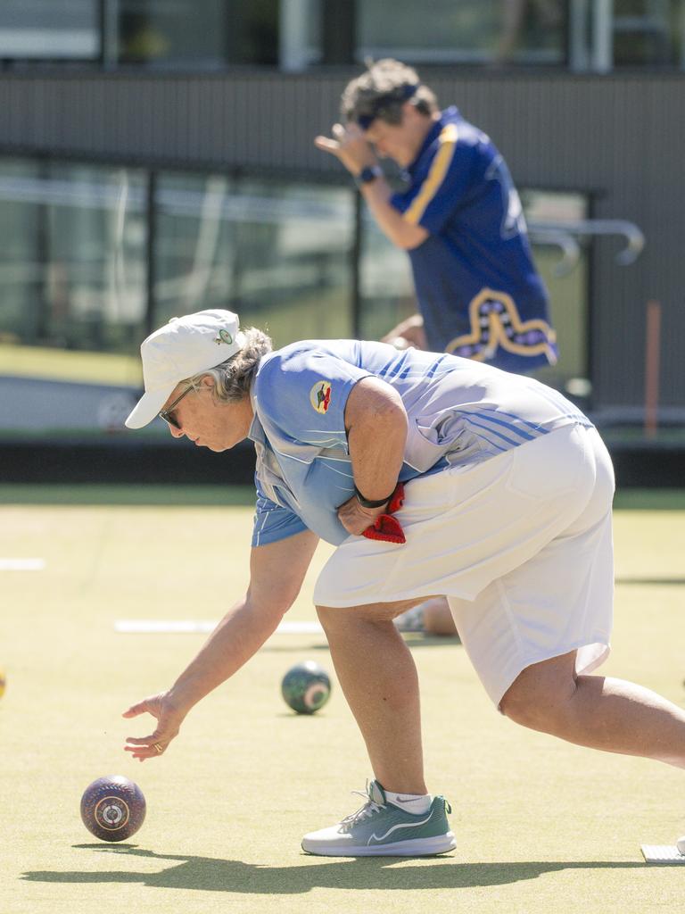 Christine Russell in the ladies pairs lawn bowls will be played from 2pm at Broadbeach Bowls Club. Picture: Glenn Campbell