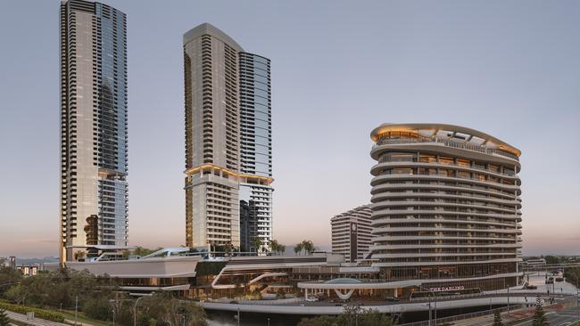 The Star Gold Coast site's new $500m fourth tower planned (far left) at its Broadbeach gaming resort which will measure 63 storeys, 215m high and be operated at 5-star level by an international operator.