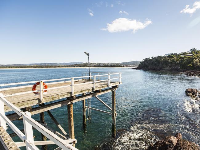 Scenic coastal views across Merimbula Bay from Merimbula wharf.