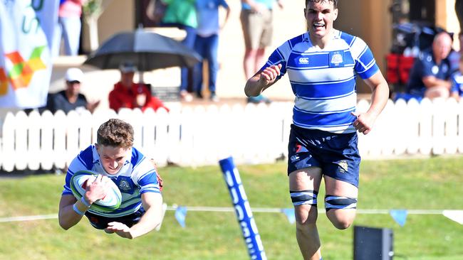 Nudgee College player Tory Bath gets a try Nudgee College v BSHS in the GPS First XV rugby. Saturday August 20, 2022. Picture, John Gass