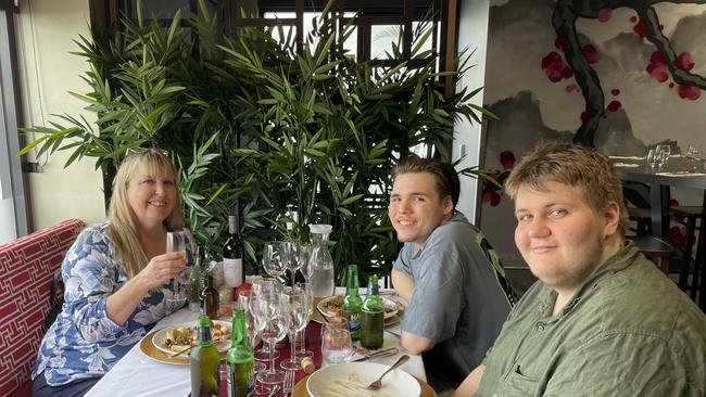 Michelle Parker, James Nagel and Oscar Bertei from Durack enjoying Christmas Day at Rydges Palmerston, 2022. Picture: Annabel Bowles