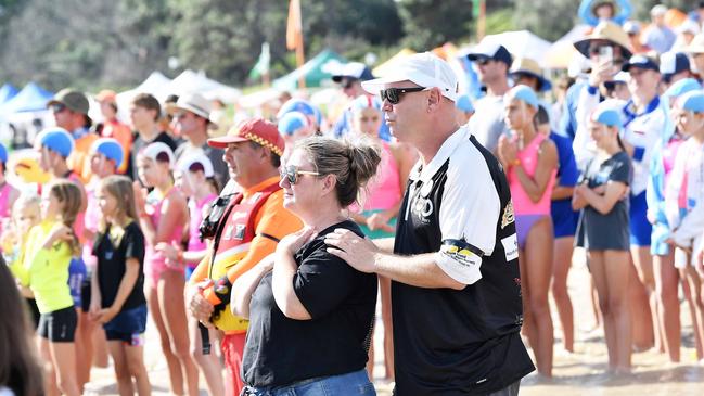 Wreath Laying Shark Victim Charlize Zmuda. Nippers Surf Competion started with a Wreath laying form all the clubs, her parents Steve and Renee Zmuda (pictured) and daughter Stephanie Zmuda, Mooloolaba, Sunshine Coast. Picture: Patrick Woods.