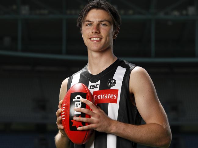 MELBOURNE, AUSTRALIA - DECEMBER 10: Oliver Henry, draft selection #17 for the Magpies poses for a photo during the NAB AFL Draft media opportunity at Marvel Stadium on December 10, 2020 in Melbourne, Australia. (Photo by Dylan Burns/AFL Photos via Getty Images)