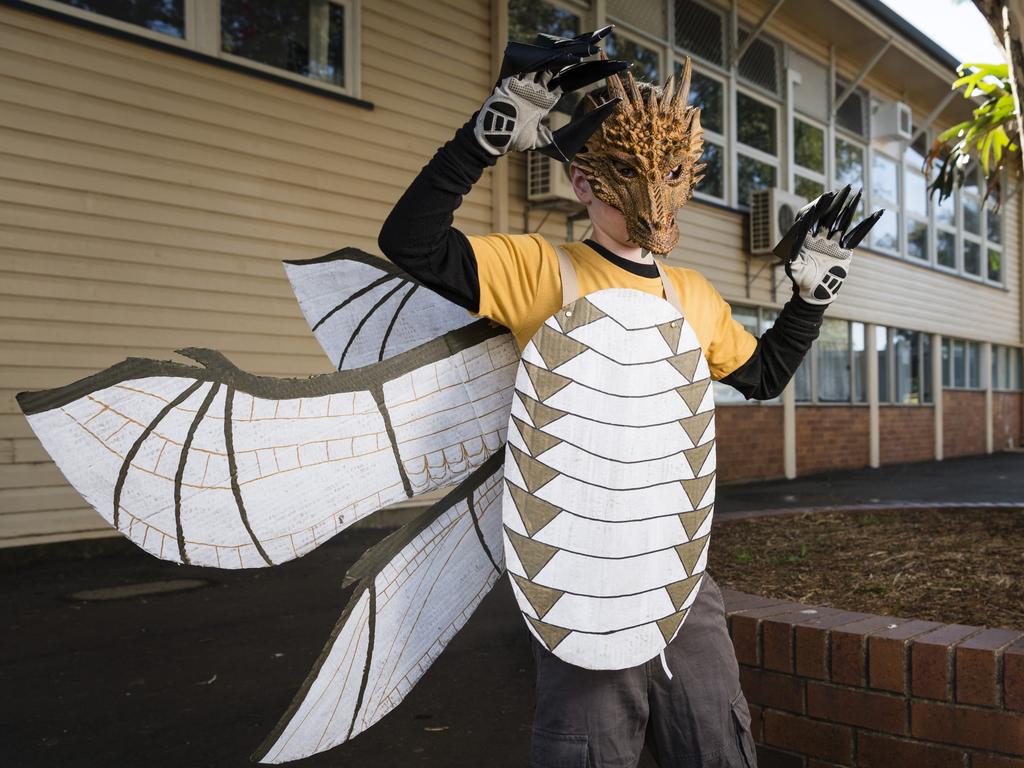 Liam Fels shows off his Wings of Fire character for Book Week at Rangeville State School, Friday, August 25, 2023. Picture: Kevin Farmer