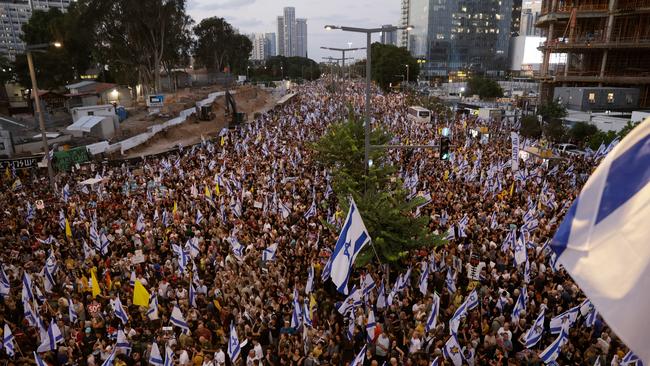 Protesters rally in Tel Aviv to demand a Gaza hostages deal. Picture: Getty Images.