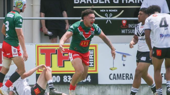 Majah-Jose Peachey celebrates a try for Wynnum-Manly.