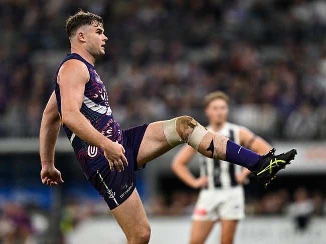 PERTH, AUSTRALIA – MAY 24: Sean Darcy of the Dockers kicks a goal during the 2024 AFL Round 11 match between Walyalup (Fremantle) and the Collingwood Magpies at Optus Stadium on May 24, 2024 in Perth, Australia. (Photo by Daniel Carson/AFL Photos via Getty Images)