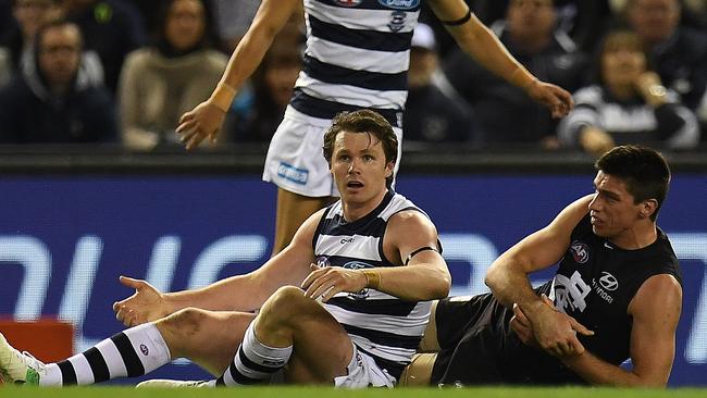 Patrick Dangerfield suspension for a dangerous tackle on Matthew Kreuzer has ruled him out of Brownlow Medal contention. Picture: AAP