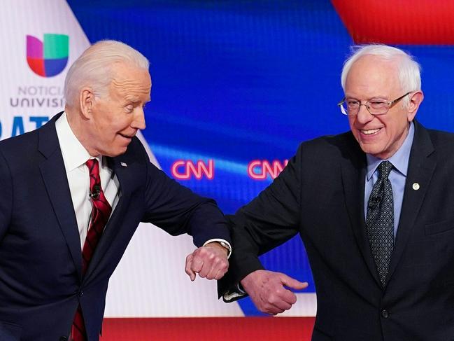 Mr Biden appealed to Mr Sanders’ supporters to get behind him, saying “to the young people who may have voted for Senator Sanders: I hear you, I know what’s at stake, I know what we have to do.” Picture: Mandel Ngan/AFP