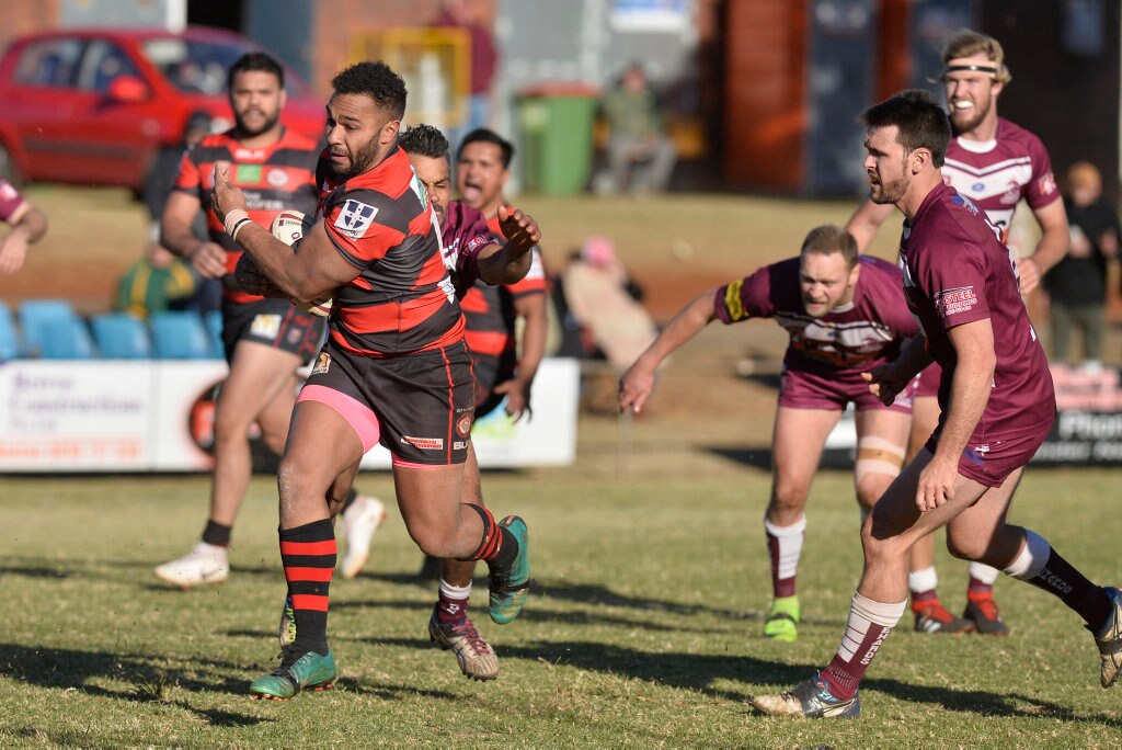 Valleys Roosters player Hnaloan Budden on the way to try against Dalby Diehards in TRL Premiership qualifying final rugby league at Glenholme Park, Sunday, August 12, 2018. Picture: Kevin Farmer