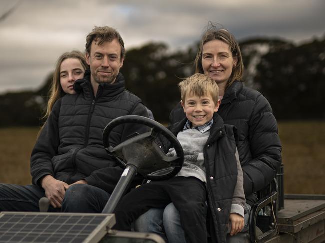 COLO VALE, NSW - Will and Connie Mussett with their children, Lisa, 12, Eric, 9, and Harry, 6. Their family business has blossomed from a side hustle at weekend markets into a sustainable regenerative farm with more 2000 chickens, 16 tonnes of mushrooms and farm tours.ÃÂ 