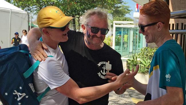 Australian Marathon swimmer Jarrod Poort celebrating with his family after his swim including his dad Gary and brother Tyson.  Picture: Todd Balym