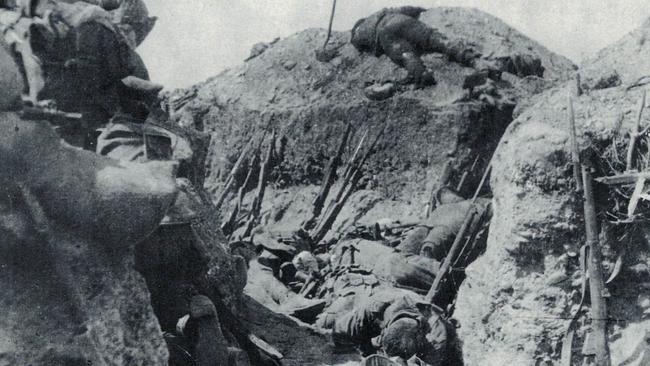 A grim scene of dead Anzac Diggers in the trenches at Lone Pine, Gallipoli, August 1915. Picture: Dennis Quick