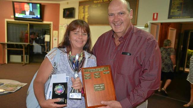 LAST YEAR'S WINNER: Condamine Sports Club Volunteer of the Year Kerri Fitch for 2017 with sports club president Ross Bell at the sports awards. Picture: Gerard Walsh