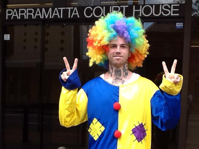 Shane Cuthbert appeared at Parramatta Local Court on Wednesday September 26, 2012, dressed as a clown. Cuthbert was nearly slapped with a contempt of court charge for wearing the suit. Picture: AAP Image/Vincent Morello