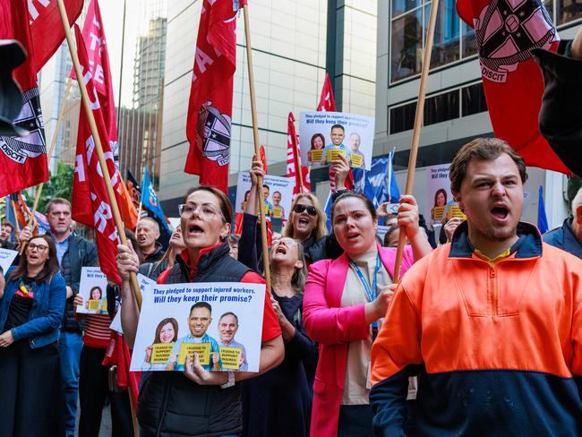 Union members protested outside the government’s offices in Martin Place on Monday to oppose the government's proposed reforms to workers compensation. Picture: Justin Lloyd.