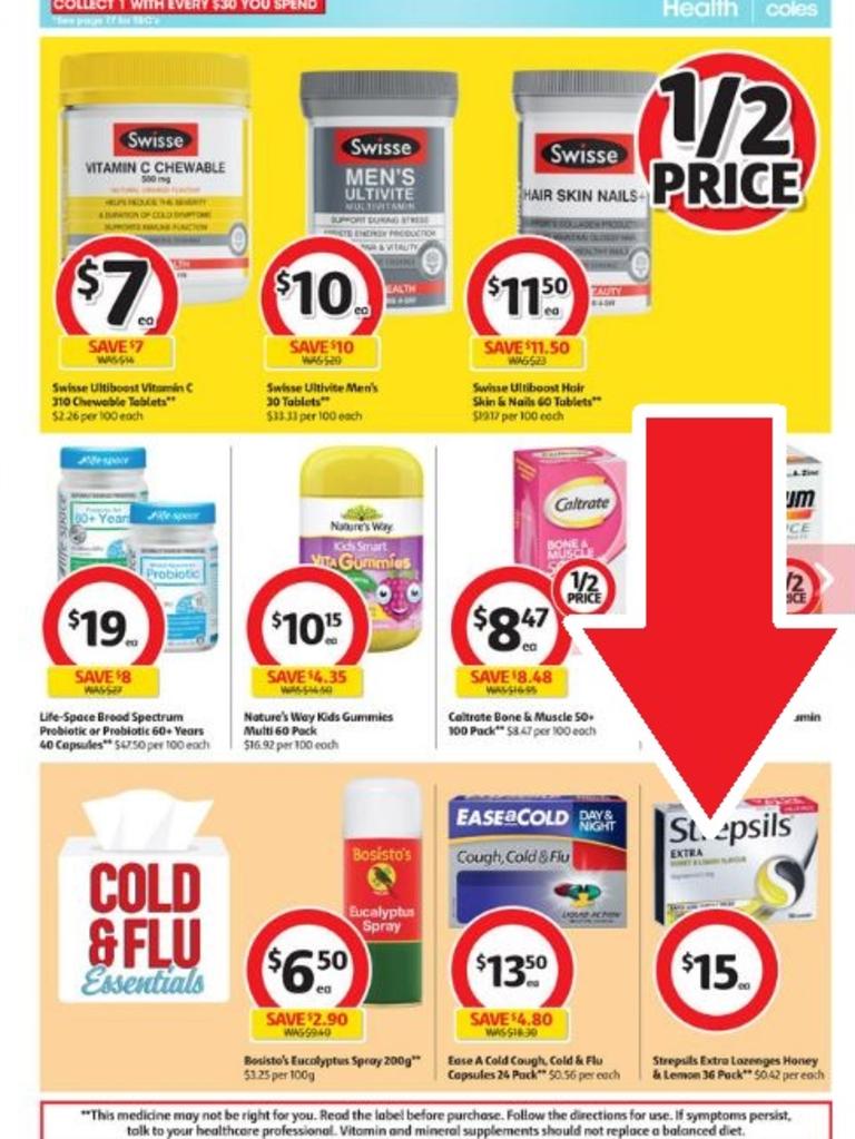 This pack of Strepsils is in the Coles catalogue beneath a large “1/2 price” sticker — but Strepsils are not on special.