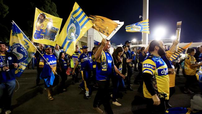 Eels fans march to the ground as a mark of solidarity. Picture: Mark Evans