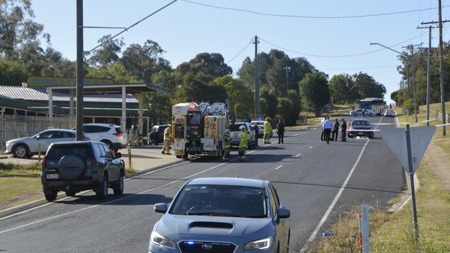 Four police officers were injured, one seriously, after they were struck by a stolen Hino Series 300 truck north of Toowoomba.