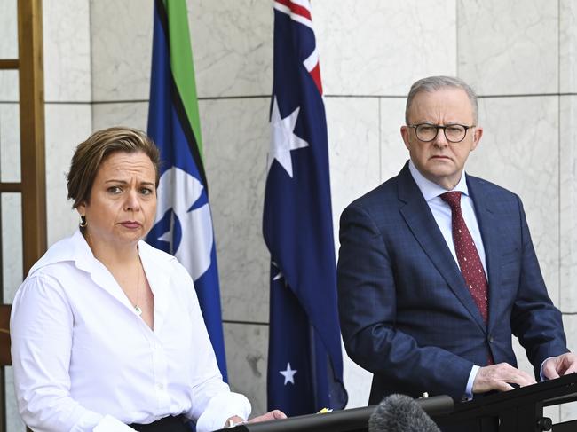 CANBERRA, AUSTRALIA  - NewsWire Photos - November 8, 2024: Prime Minister Anthony Albanese and Australia's Communications Minister, Michelle Rowland hold a press conference at Parliament House in Canberra. Picture: NewsWire / Martin Ollman