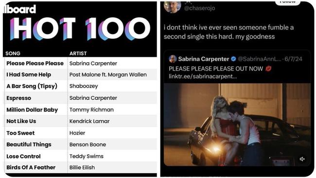 Sabrina Carpenter poked fun at an internet troll as she celebrated her success. Picture: Twitter.