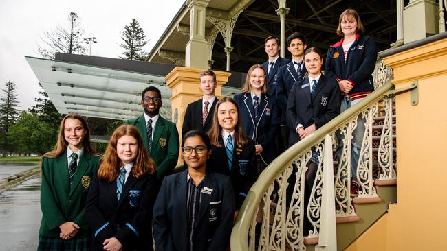 School leaders (l-r) Brooke Wingard, Deanna Athanasos, Sami Madlur, Meenakshi Pramod Nair, Anthony O’Dea, Mariane Johnstone, Georgia Owbridge, Josiah Lanthois, Dino Macri, Siân Parker and Nevie Peart. Picture: The Advertiser/ Morgan Sette