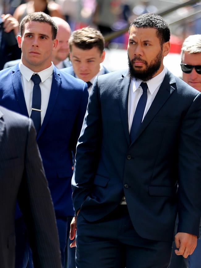 Asipeli Fine and Adam Elliott outside court on Monday. Picture: John Grainger