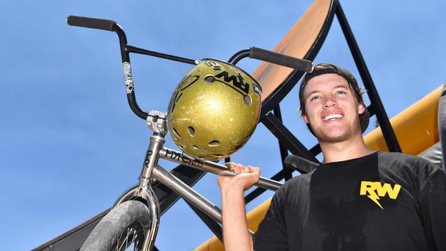 Coast BMX and scooter legend Ryan Williams gets some serious air at his training facility. Picture: John McCutcheon