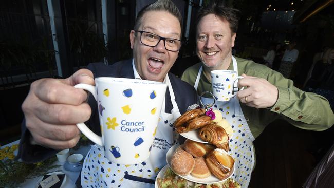 Gary Mehigan and Darren Purchese get ready for the Biggest Morning Tea for the Cancer Council. Picture: Andrew Henshaw