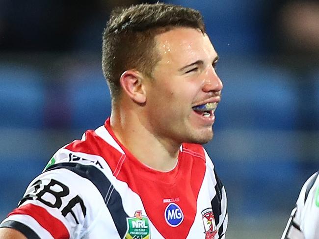 GOLD COAST, AUSTRALIA - JULY 15:  Sean O'Sullivan of the Roosters celebrates a try during the round 18 NRL match between the Gold Coast Titans and the Sydney Roosters at Cbus Super Stadium on July 15, 2018 in Gold Coast, Australia.  (Photo by Chris Hyde/Getty Images)