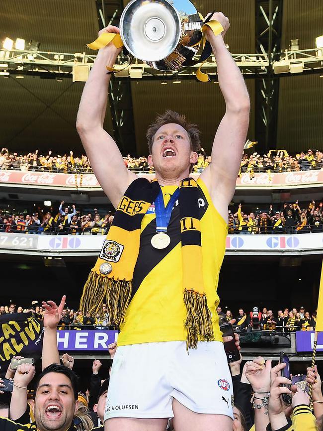 ... Then he marked the premiership cup. Picture: Getty Images