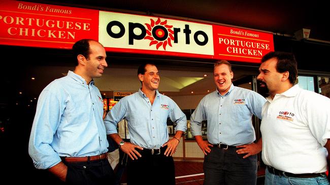 Partners in Portuguese-style Bondi Charcoal Chicken shop in 1999. Left to right Glen Lees, Gary Linz, Michael Jackson and Antonio Cerqueira.