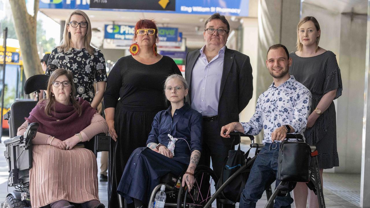 Disability advocates Natalie Wade, Skye Kakoschke-Moore, Kelly Treloar, Nicole Lee, Jeff Smith, Alexander Arthur, Felicity Crowther respond to the Royal Commission into Violence, Abuse, Neglect and Exploitation of People with Disability. Picture: NCA NewsWire / Kelly Barnes