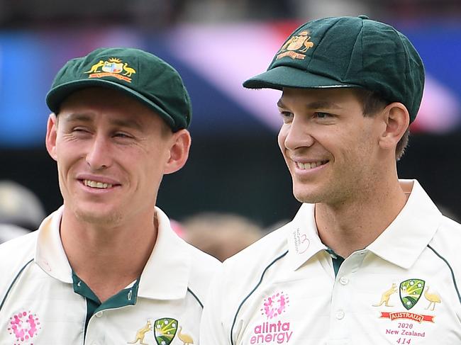 Marnus Labuschagne and Tim Paine of Australia watch on ahead of the presentations following the third Test Match between Australia and New Zealand at the SCG in Sydney, Monday, January 6, 2020. (AAP Image/Dan Himbrechts) NO ARCHIVING, EDITORIAL USE ONLY, IMAGES TO BE USED FOR NEWS REPORTING PURPOSES ONLY, NO COMMERCIAL USE WHATSOEVER, NO USE IN BOOKS WITHOUT PRIOR WRITTEN CONSENT FROM AAP