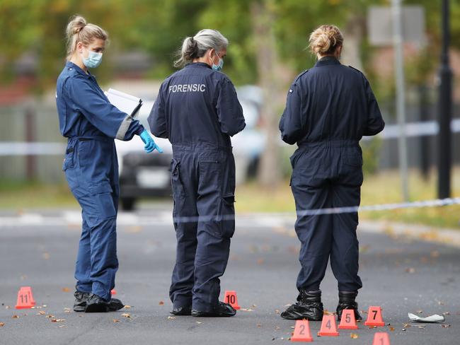 Police at the crime scene on Friday morning. Picture: David Crosling