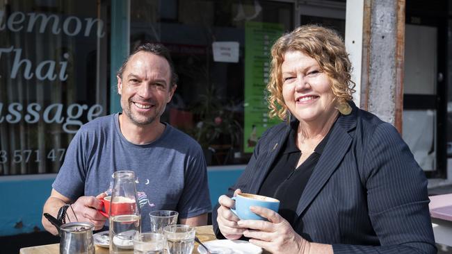 Street-side dining at owner Tim Beaman from Straight Up Coffee + Food with Anna Reynolds Hobart City Lord Mayor in Liverpool St. Picture: Caroline Tan