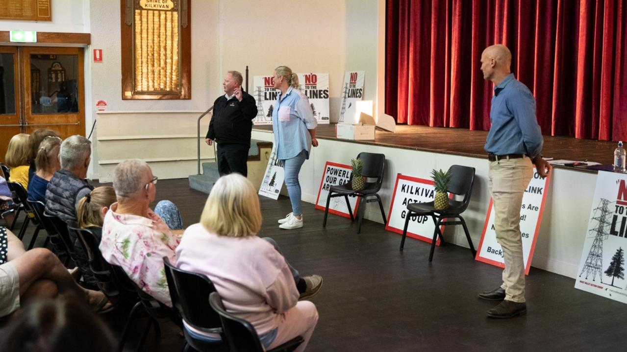 More than 100 people turned up to Kilkivan Town Hall in response to Powerlink's selected corridor of a transmission line from Borumba Dam to Woolooga Substation in late April. South Burnett Mayor Brett Otto, Katy McCallum and Gympie Mayor Glen Hartwig address residents on Wednesday, May 3, 2023. Picture: Christine Schindler