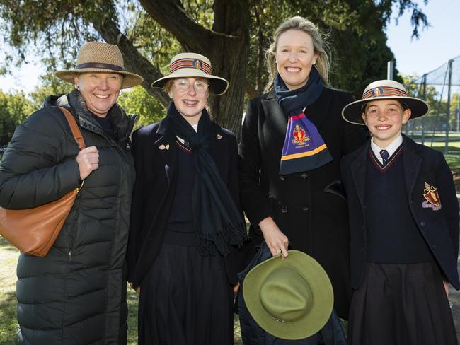 Supporting Glennie (in the 7s) and TGS are (from left) Sally Sheppard, Sofia Sheppard, Crystal Hede and Mabel Hede on Grammar Downlands Day at Toowoomba Grammar School, Saturday, August 19, 2023. Picture: Kevin Farmer